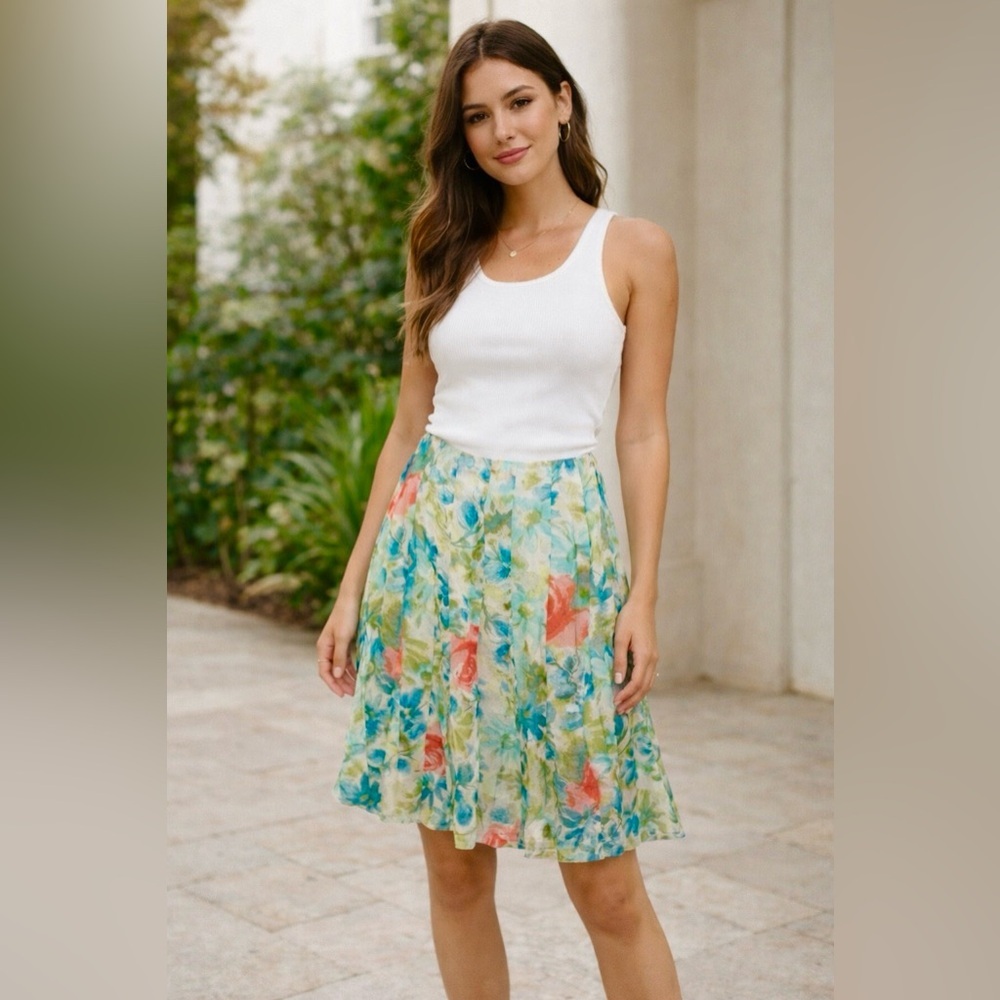 Ann Taylor Womens Size 4 100% Silk Multi Color Floral Pleated Lined Flare Skirt